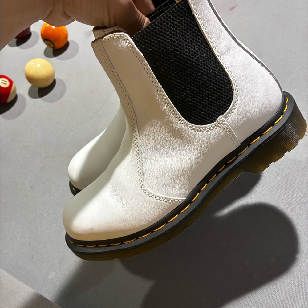 Dr. Martens White Leather Chelsea Boots with Black Elastic